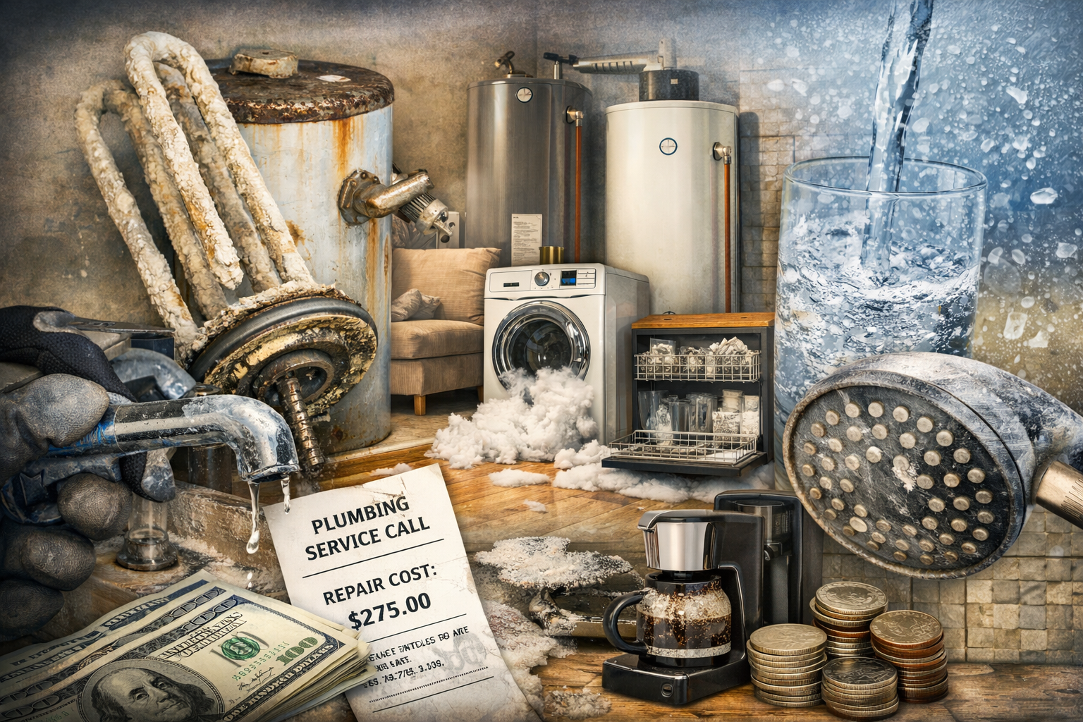 Hard water damage collage showing appliance wear, scale buildup, and repair costs